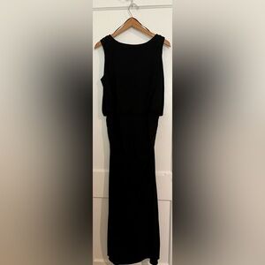 Black, rouched, open back, floor length, petite, column dress.